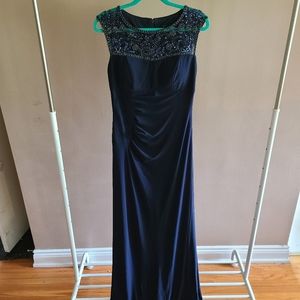 Navy Blue Beaded Sleevless Evening Gown